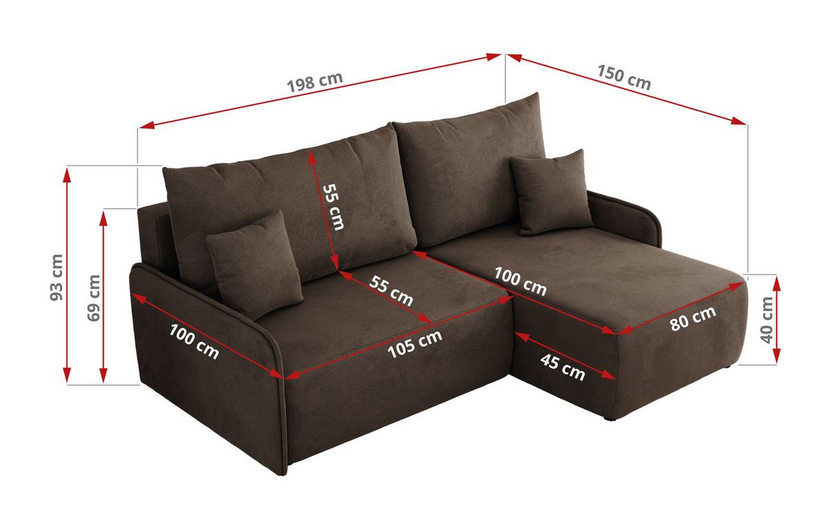 ECKSCHLAFSOFA ARPA L Braun Velvet - links - Schwarz/Braun, Kunststoff/Textil (198/150cm) - MKS