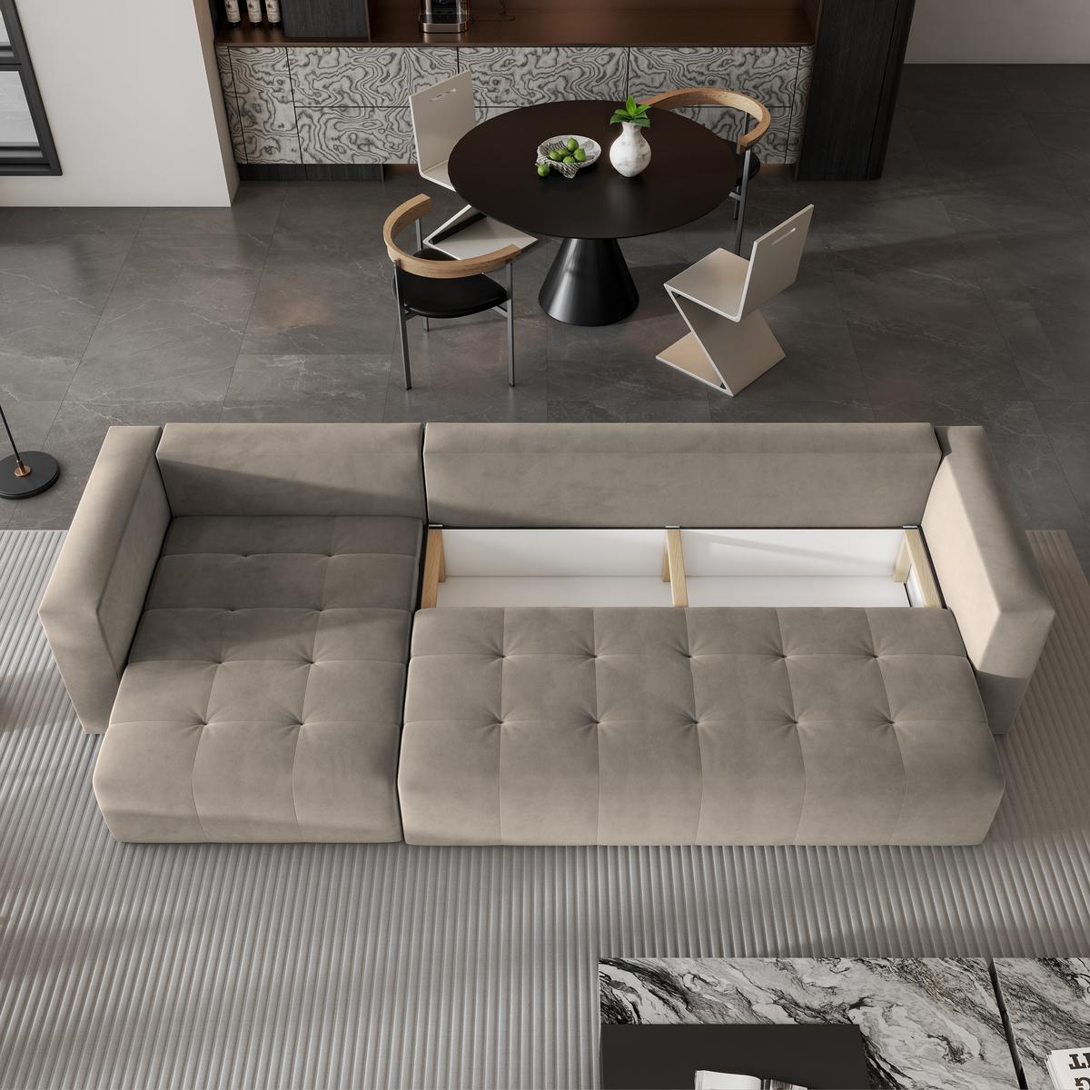 ECKSOFA OLVERA Beige Plüsch-Stoff mit Schlaffunktion - Beige, Holz (347/148cm) - MASSENO