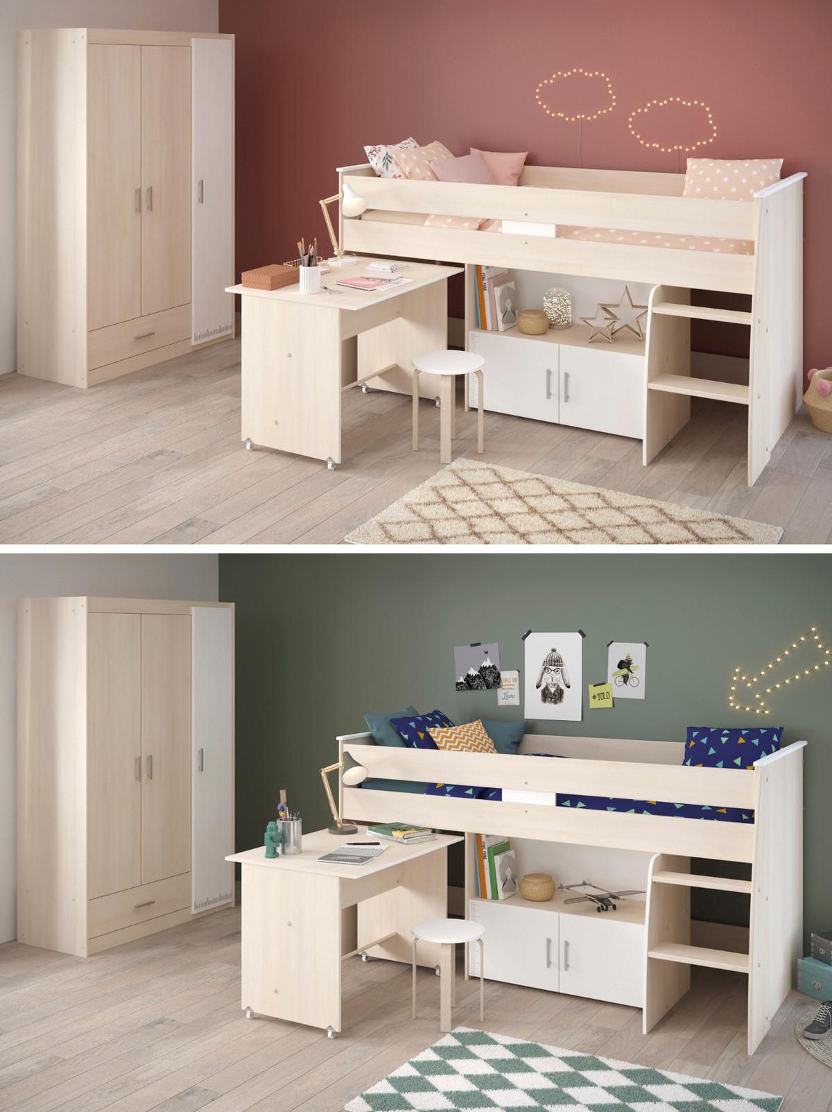 KINDERZIMMER Set Hochbett 90x200 cm mit Schreibtisch Kleiderschrank - Silberfarben/Weiß, Holzwerkstoff/Kunststoff (206/179/114cm) - Parisot Meuble