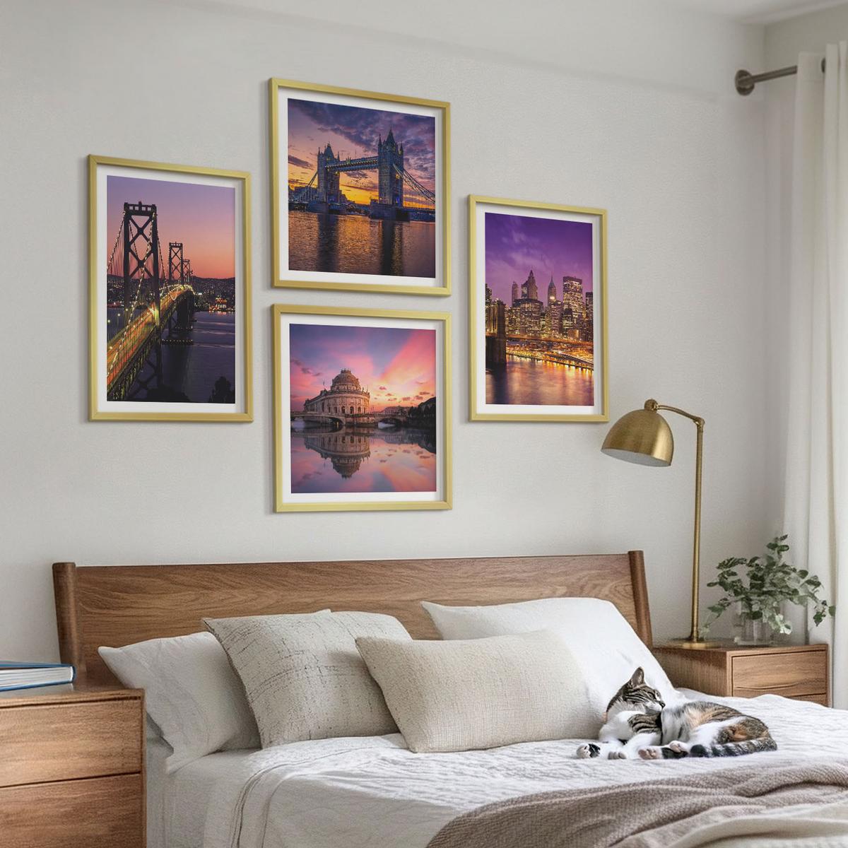 BILDER SET 4er Set - 50x50 cm & 40x60 cm Goldrahmen - Brücken, Sonne, Stadtblick - Goldfarben, Kunststoff (50/50cm) - TULUP