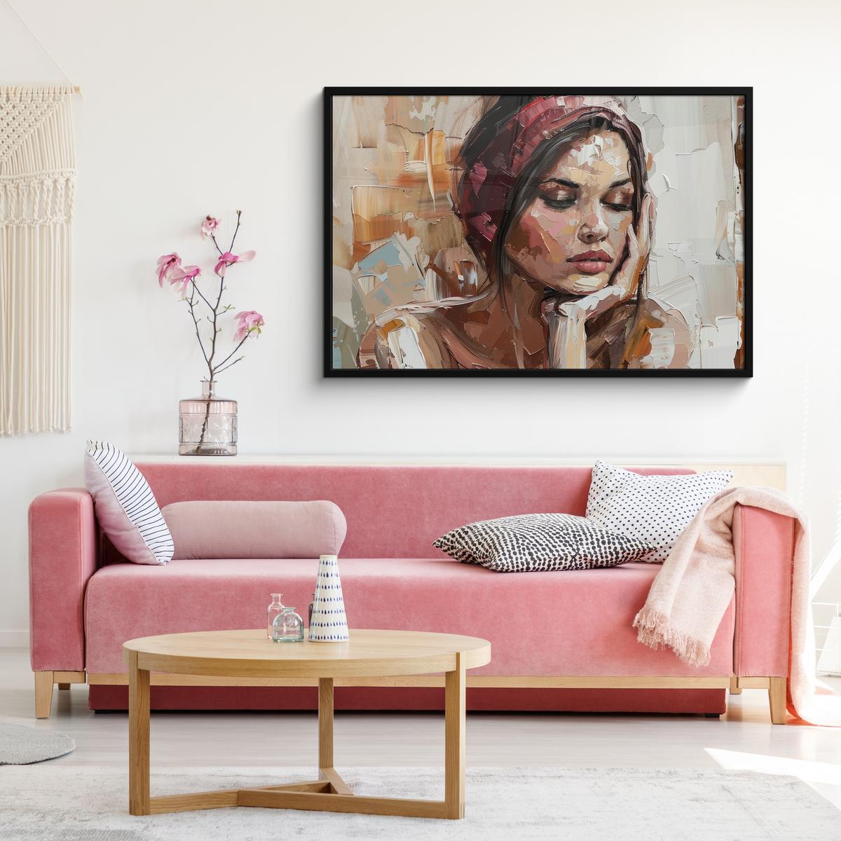 POSTER MIT RAHMENGERAHMTES BILD Frau - Lackierung - Porträt - Modern 120x80 cm - Altrosa, Papier (120/80cm) - MuchoWow