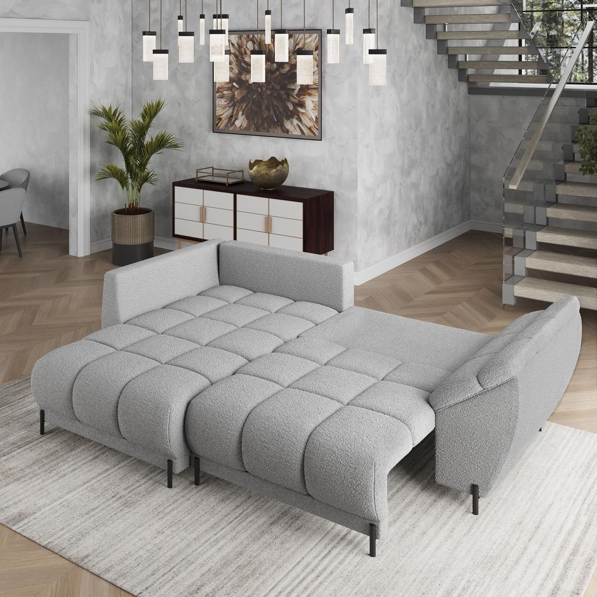 ECKSOFA VESTANO L-S Hellgrau Boucle-Stoff mit Schlaffunktion - Hellgrau, Holz (287/182cm) - MASSENO