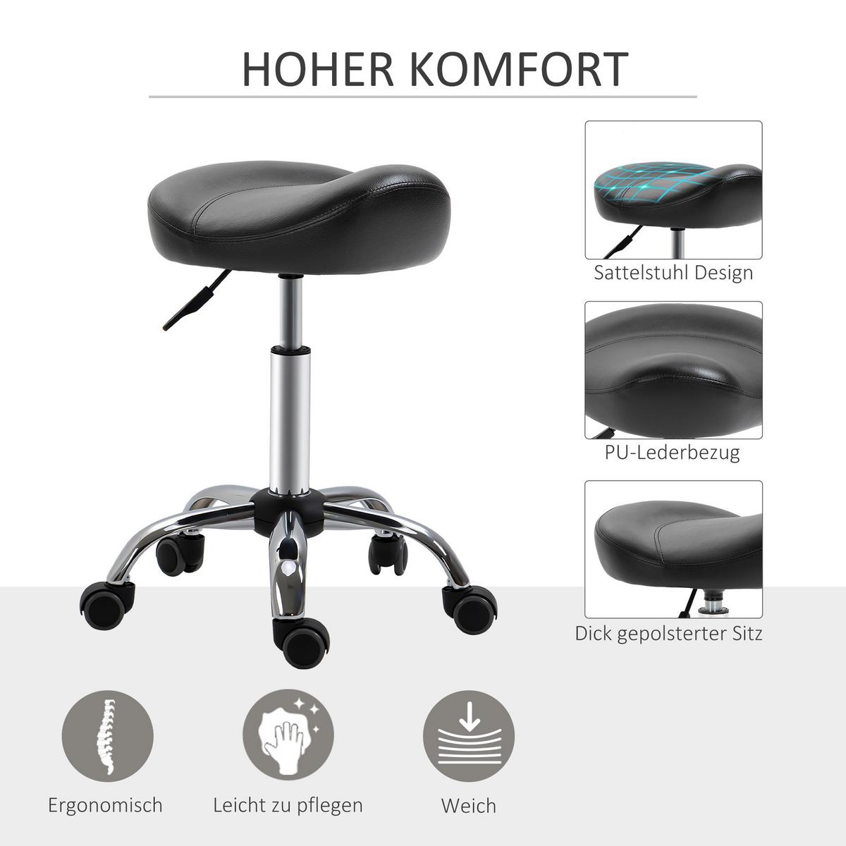 ROLLHOCKER Höhenverstellbarer Arbeitshocker mit Rädern für Massage Schwarz - Schwarz, Leder (48/71/48cm) - HOMCOM