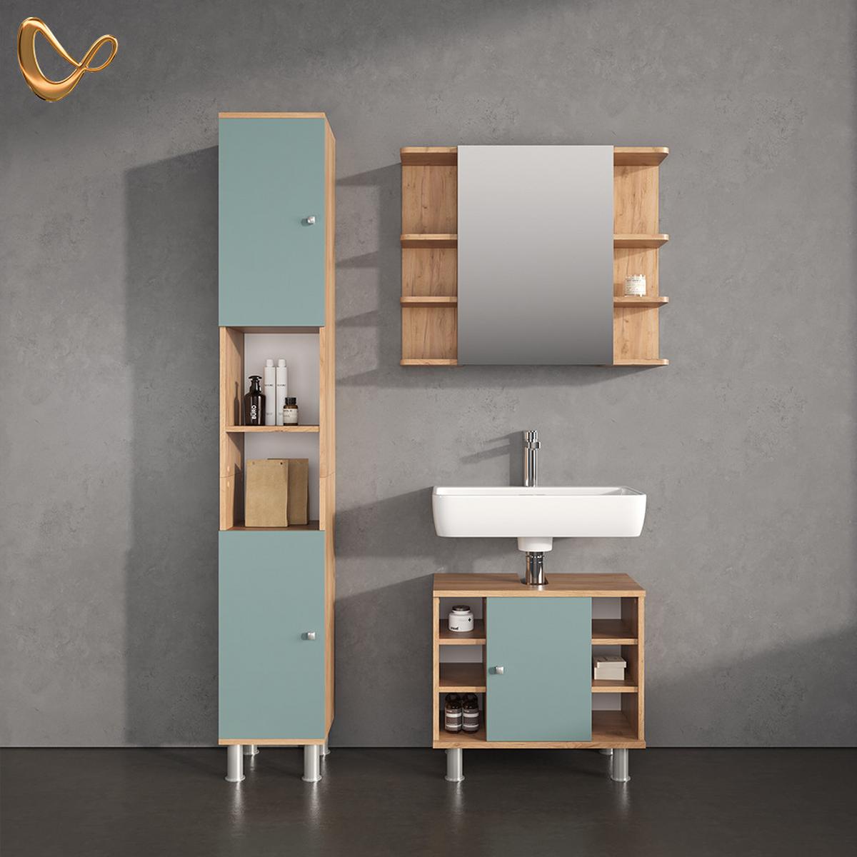 WASCHBECKENUNTERSCHRANK Fucino Grün/Goldkraft Eiche 60 x 54 cm - Honigeiche/Grün, Holzwerkstoff (60/54/32cm) - Livinity®