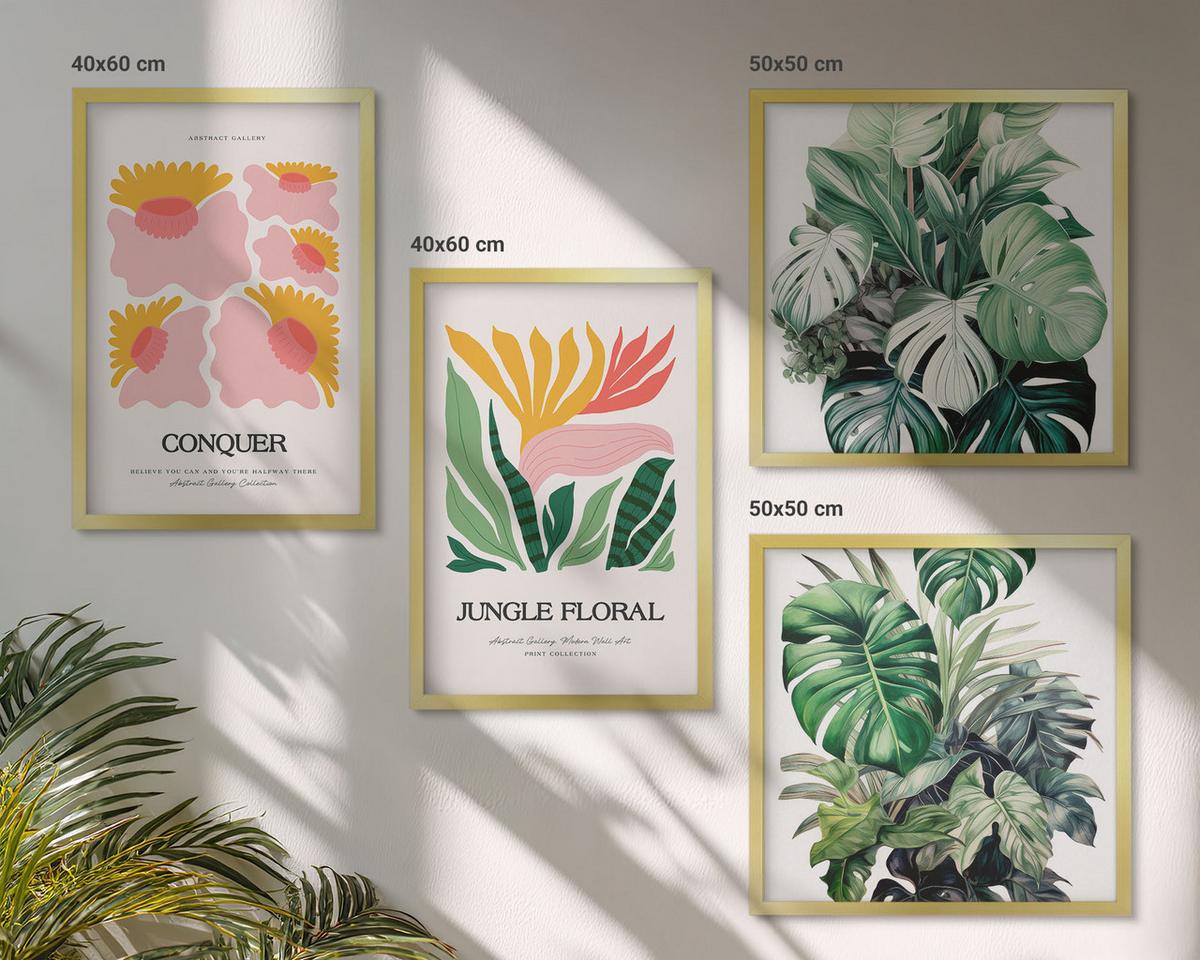 BILDER SET 4er Set - 50x50 cm & 40x60 cm Goldrahmen - Blumen und Blätter – moderne Poster - Goldfarben, Kunststoff (50/50cm) - TULUP