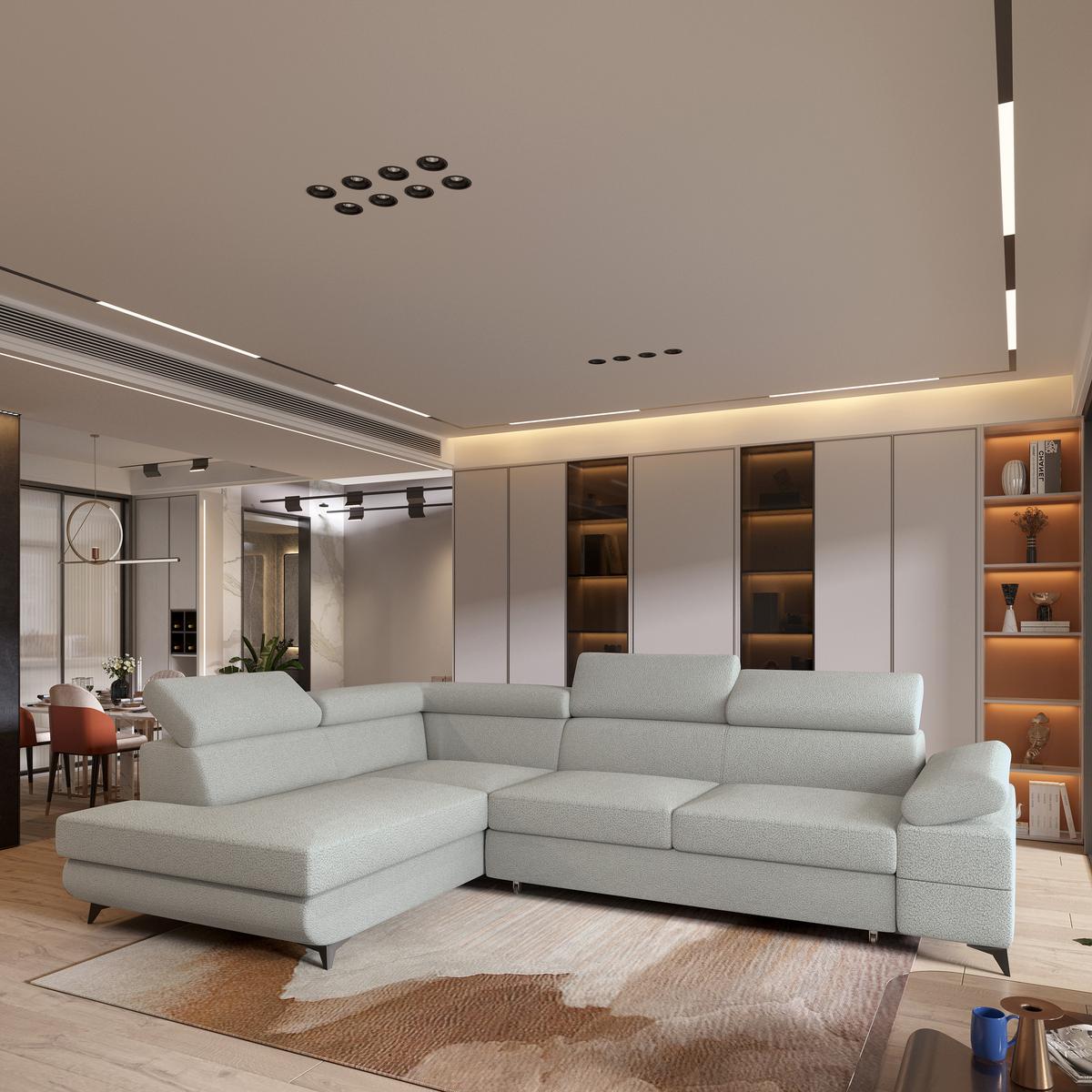 ECKSOFA FAVIEN L-S Hellgrau Boucle-Stoff mit Schlaffunktion - Hellgrau, Holz (257/190cm) - MASSENO