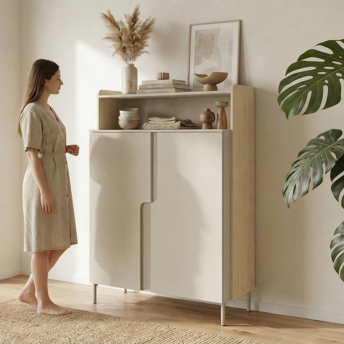 KOMMODE Positivo mit 2 Türen und offenem Regal, 103 cm, Mavelie-Eiche + Macadamia - Eichefarben, Holzwerkstoff (103/160/42cm) - Beautysofa