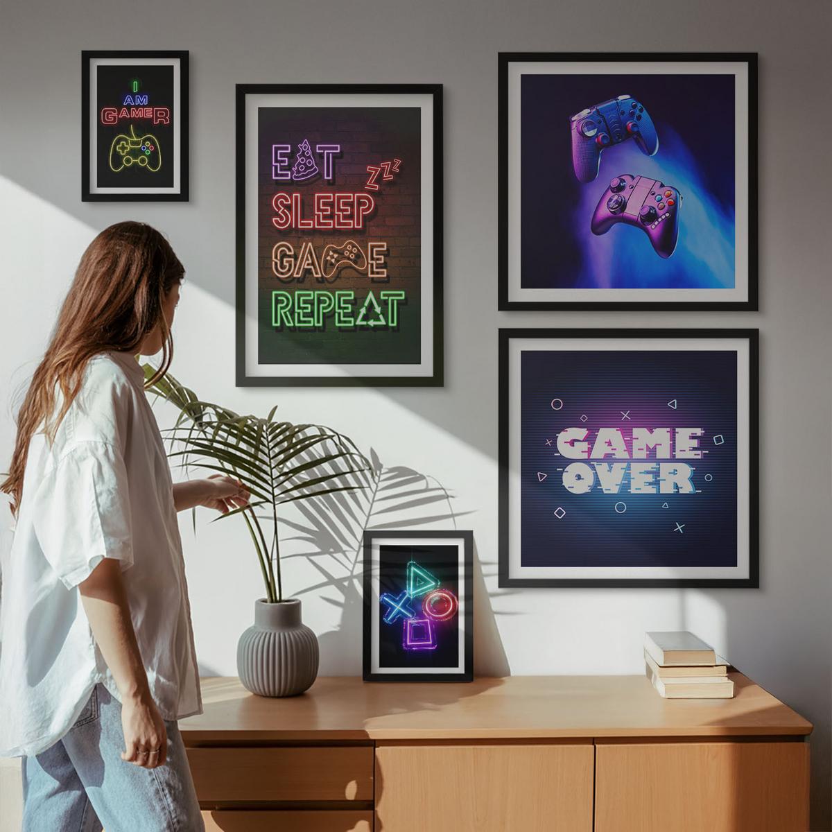 BILDER SET 5er Set - 50x50 cm & 20x30 cm & 40x60 cm Schwarzer Rahmen - Gamepads, Spielersymbol-Untertitel - Schwarz, Kunststoff (40/60cm) - TULUP