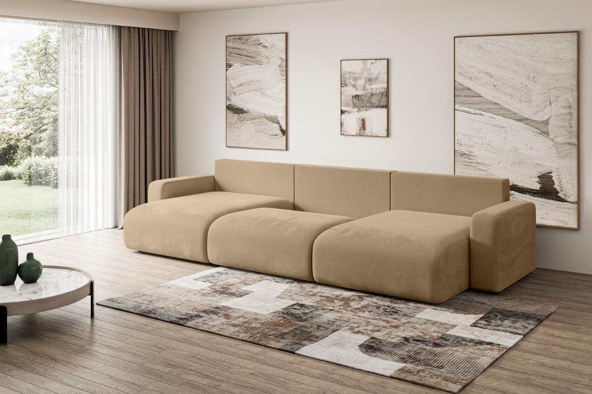 WOHNLANDSCHAFT mit Schlaffunktion und Bettkasten KLEEA-U - 347x143x83 cm Beige Velours - Beige/Schwarz, Holzwerkstoff/Kunststoff (347/83/143cm) - ALTDECOR