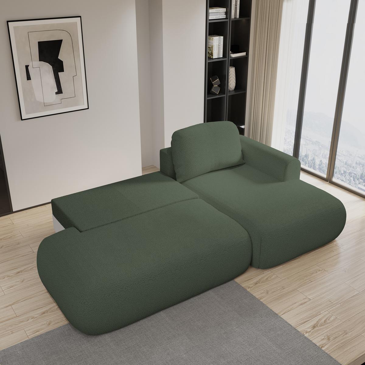 ECKSOFA NUVIRA R-S Grün Boucle-Stoff mit Schlaffunktion - Grün, Holz (279/158cm) - MASSENO