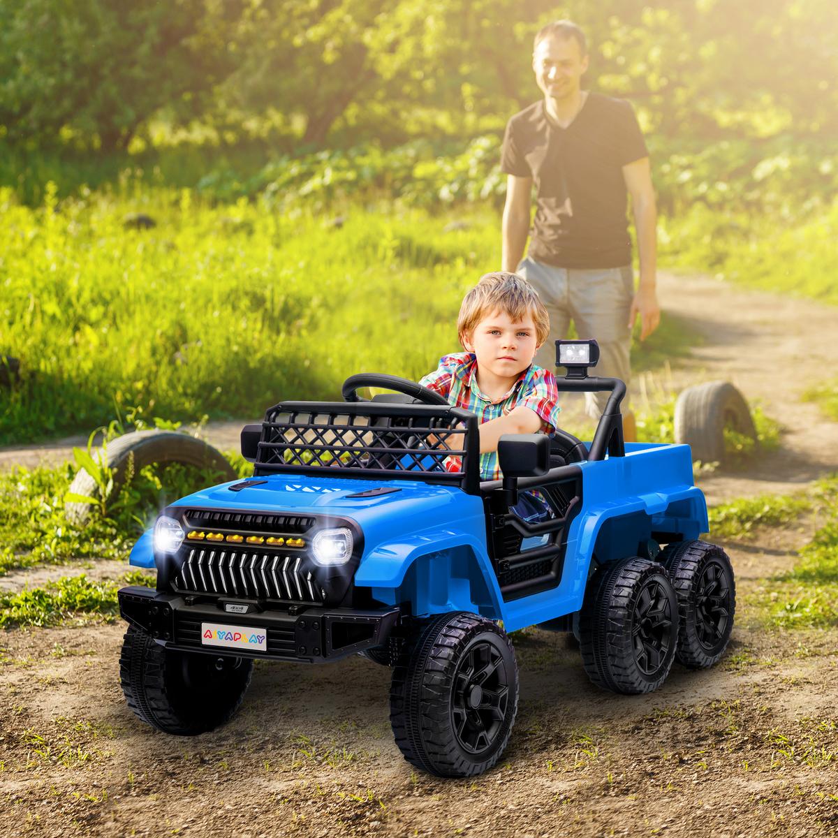 12V Elektrisches Kinderauto, mit Lichtern, Musik und Hupe, 3-8 Jahre, Hellblau - Blau, Kunststoff (122/62.5/65cm) - AIYAPLAY