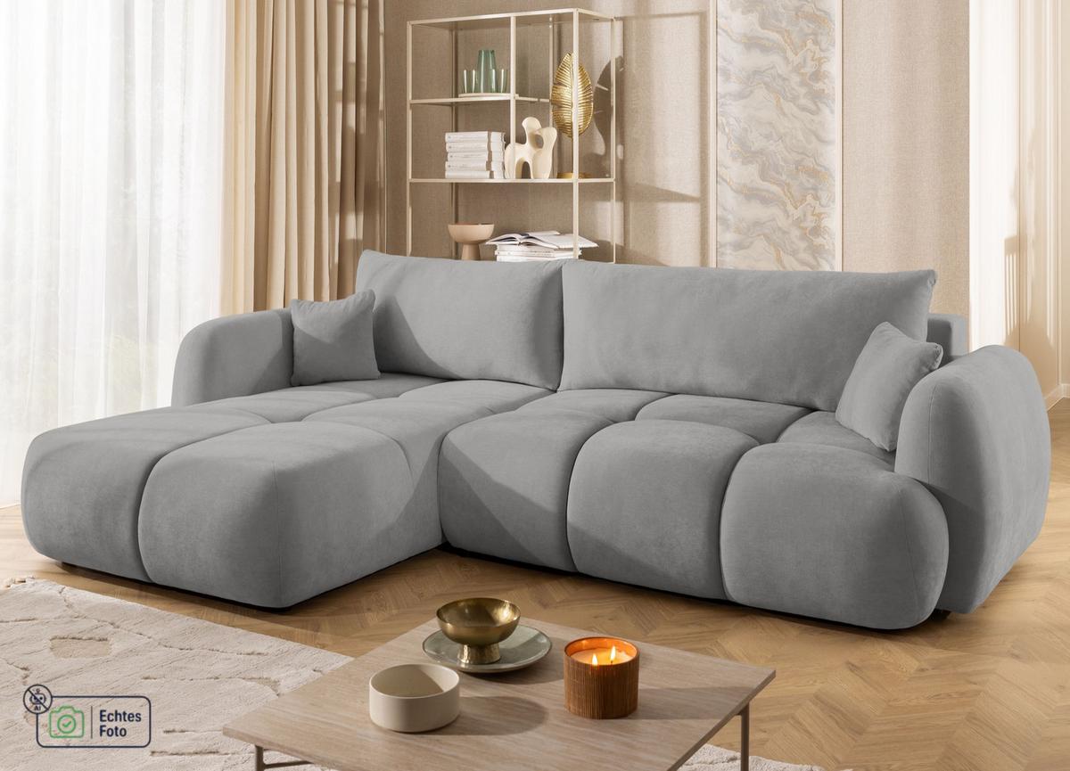 ECKSOFA Loretto aus natürlichem Grau Webstoff mit Schlaffunktion, Bettkasten und tiefen Steppungen in Bubble-Optik - Schwarz/Grau, Holz/Kunststoff (180/275cm) - S-Style