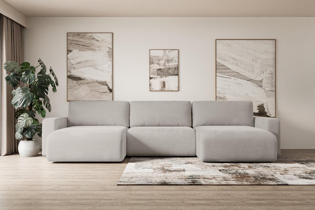 WOHNLANDSCHAFT mit Schlaffunktion und Bettkasten KLEEA-U - 347x143x83 cm Hellbraun Velours - Hellbraun/Schwarz, Holzwerkstoff/Kunststoff (347/83/143cm) - ALTDECOR