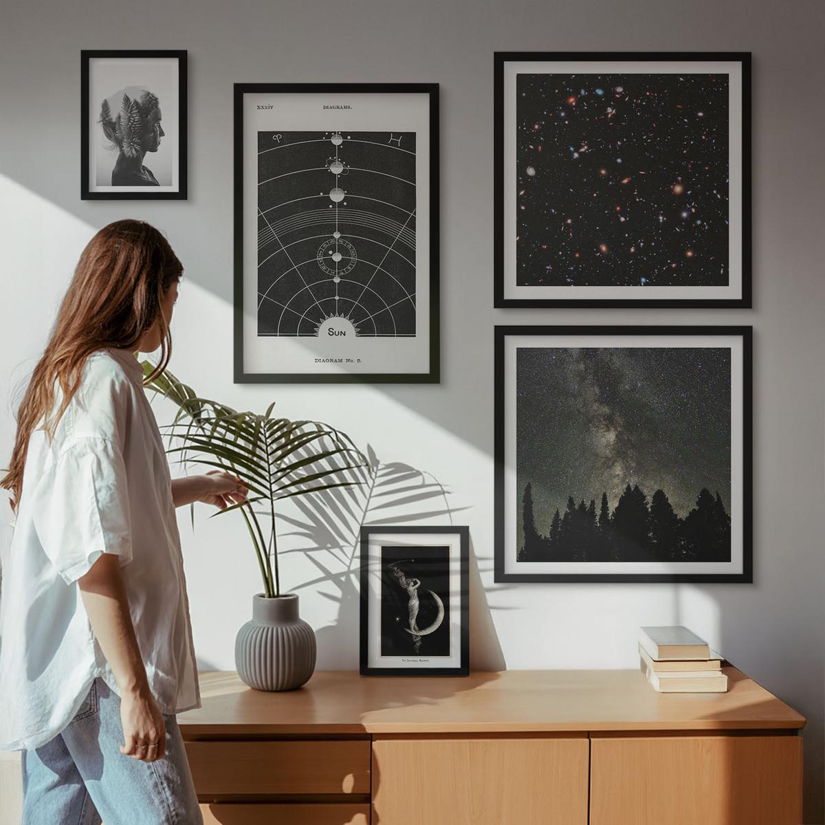 BILDER SET 5er Set - 50x50 cm & 20x30 cm & 40x60 cm Schwarzer Rahmen - Galaxie im Sonnensystem - Schwarz, Kunststoff (40/60cm) - TULUP