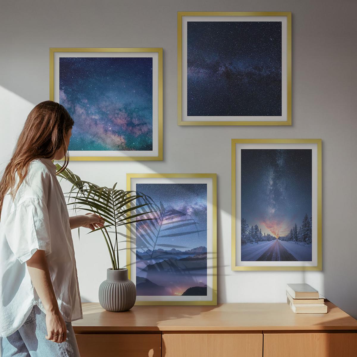 BILDER SET 4er Set - 50x50 cm & 40x60 cm Goldrahmen - Nachthimmel, Berge, Winter, Weltraum - Goldfarben, Kunststoff (50/50cm) - TULUP