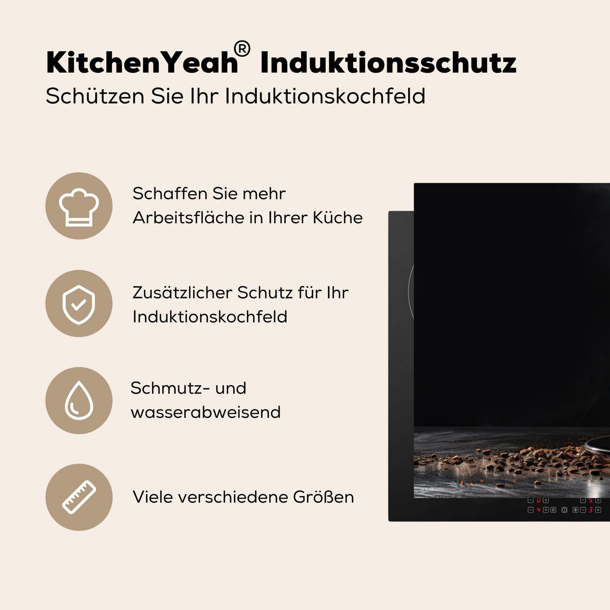 HERDABDECKPLATTE Kaffee - Schwarz - Bohnen - Heiß - Tasse Ceranfeldabdeckung 90x52 cm - Schwarz, Kunststoff (90/52/0.2cm) - MuchoWow