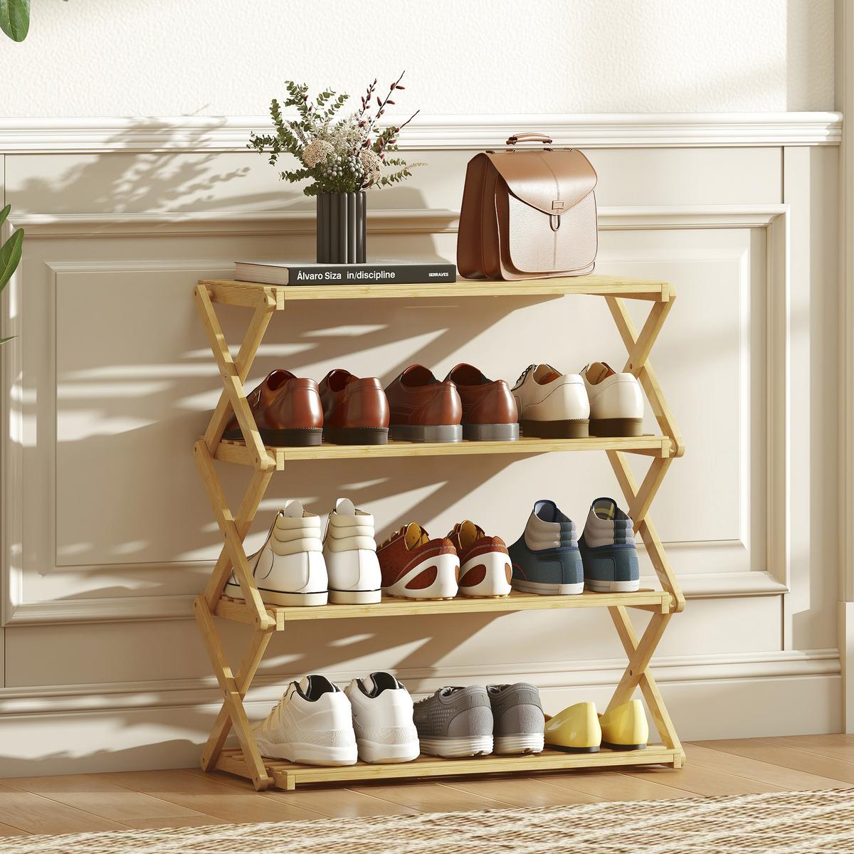 SCHUHREGAL mit 4 Ebenen Schuhablage aus Bambus für 12 Paar Schuhe Natur - Naturfarben, Naturmaterialien/Bambusholz (60/67/29cm) - HOMCOM