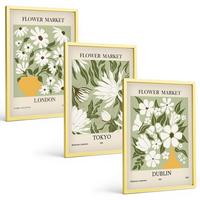 BILDER SET 3er Set - 40x60 cm Goldrahmen - Blumenmuster London Tokio Dublin - Goldfarben, Kunststoff (40/60cm) - TULUP