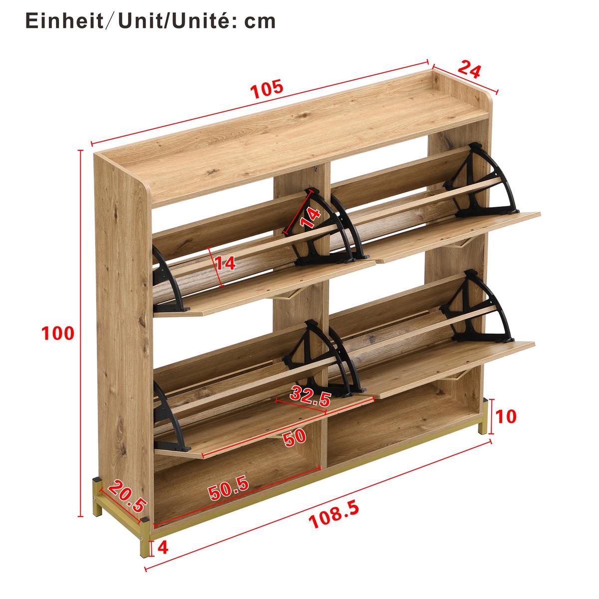 SCHUHREGAL 108 cm Holzoptik mit 4 Klappfächern & Metallfüßen für Flur - Eichefarben, Holzwerkstoff (108.5/100/24cm) - Urban Meuble