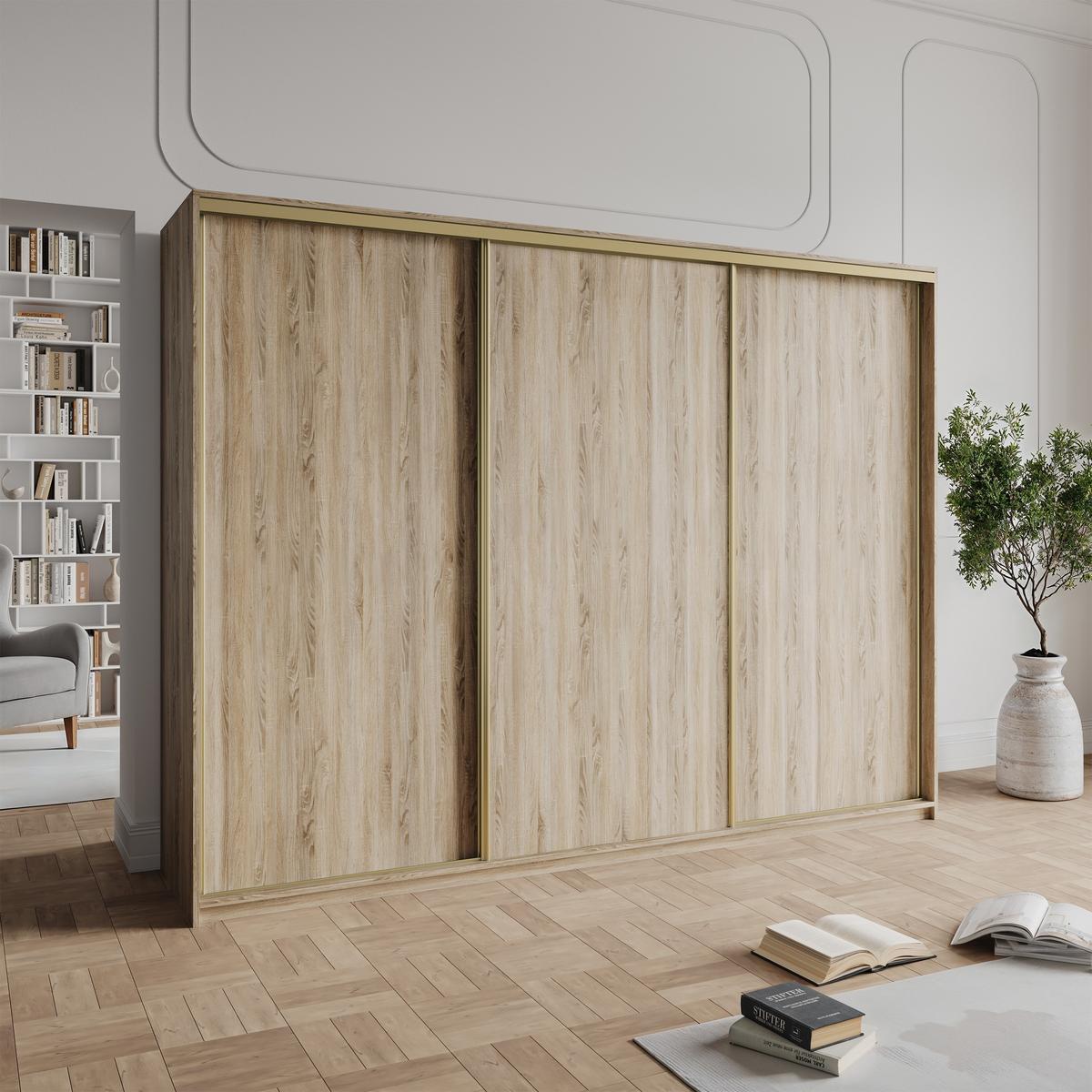 SCHWEBETÜRENSCHRANK NISSE 250/205/60 cm 3-türig mit Schubladen Sonoma Eiche - Goldfarben/Sonoma Eiche, Holzwerkstoff (250/205/60cm) - MASSENO