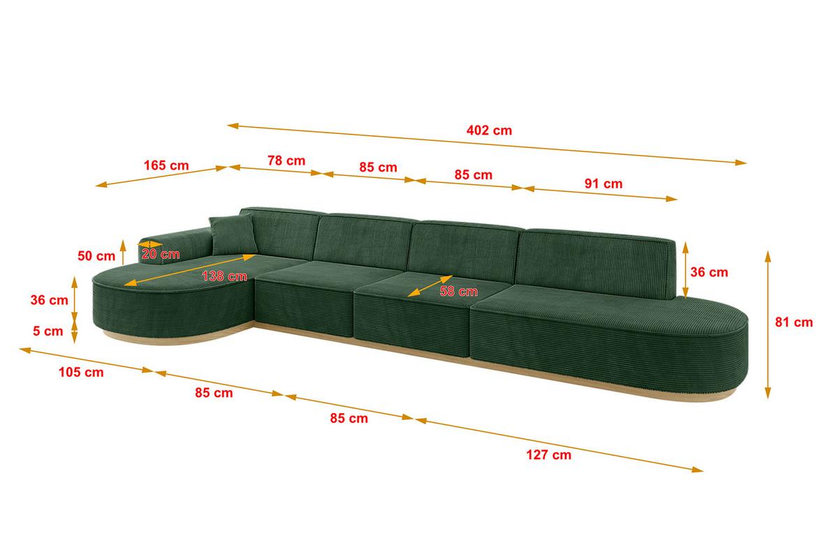 ECKSOFA Ottomane Links MARI-L3-v2 - 413x171x83 cm Grün Cord - Grün, Holzwerkstoff/Textil (413/171cm) - ALTDECOR