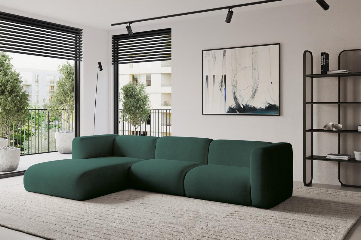 ECKSOFA Ottomane Links MIRA-L1 227x179x89 Grün Velours - Dunkelgrün/Schwarz, Holzwerkstoff/Kunststoff (227/179cm) - ALTDECOR