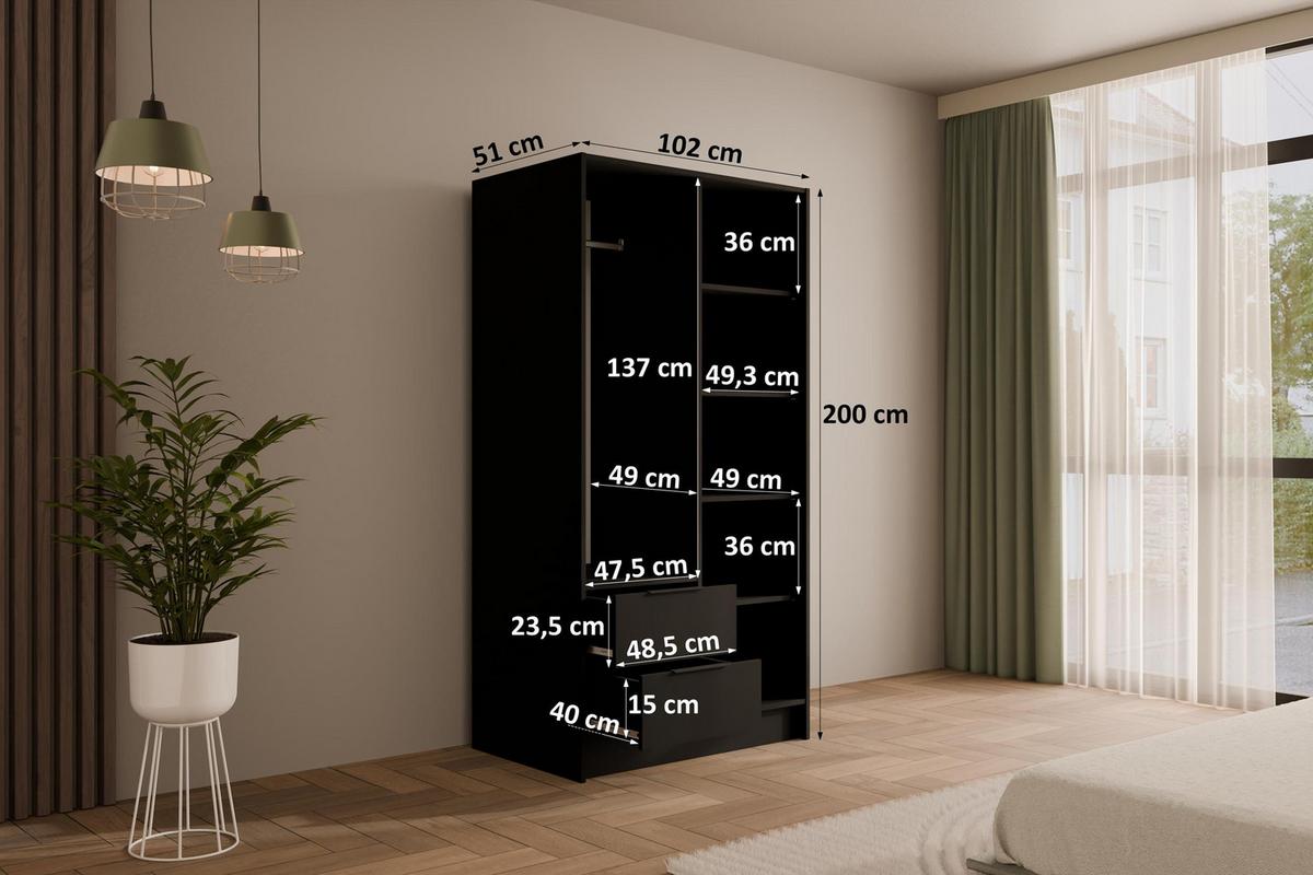 KLEIDERSCHRANK mit Flügeltüren KOLIN 100x200cm Schwarz - Schwarz, Holzwerkstoff (102/200/51cm) - ALTDECOR