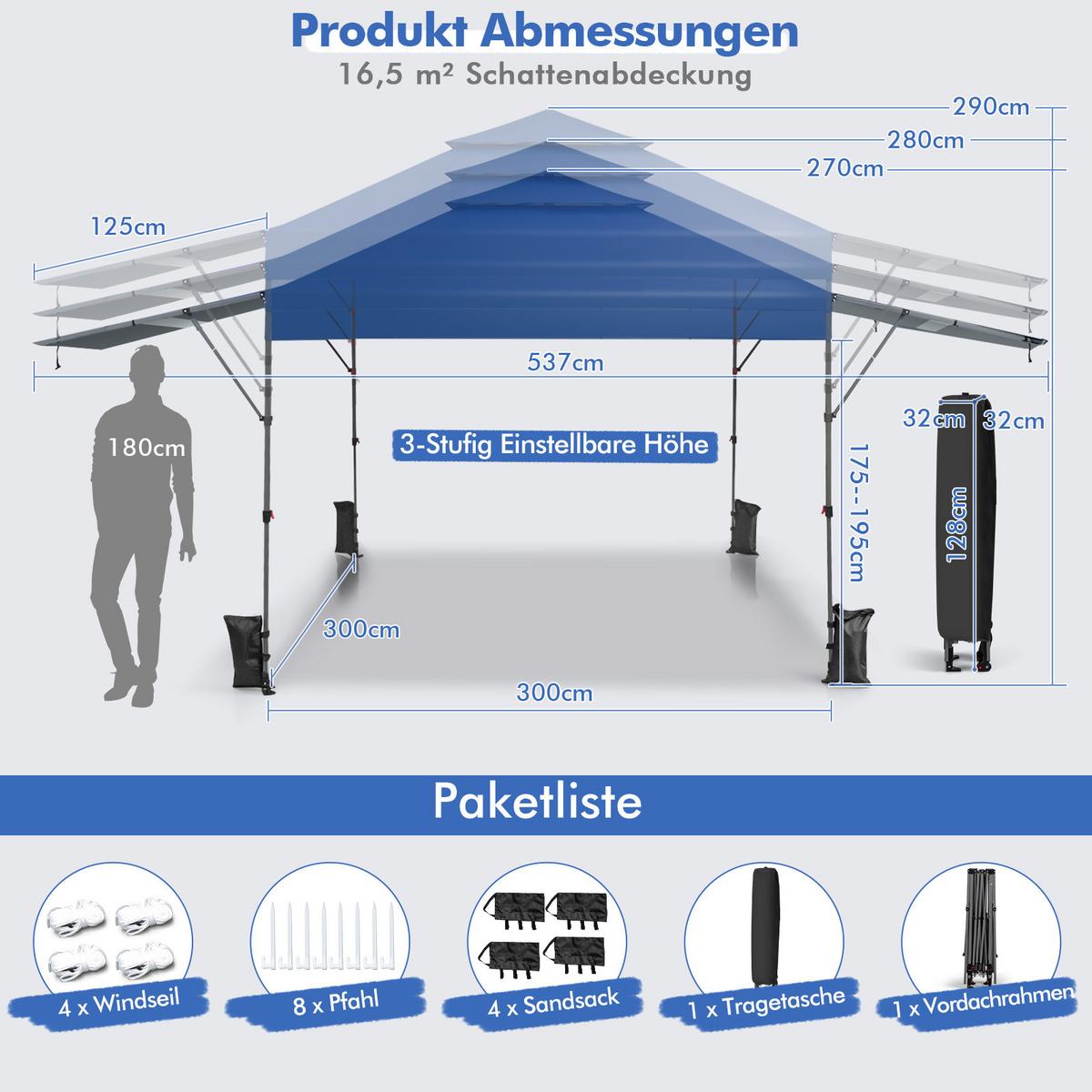 PAVILLON 3x3m Blau - Blau, Kunststoff (537/290/300cm) - COSTWAY