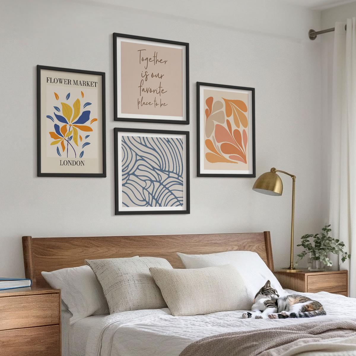BILDER SET 4er Set - 50x50 cm & 40x60 cm Schwarzer Rahmen - Moderne abstrakte Blumen - Schwarz, Kunststoff (50/50cm) - TULUP