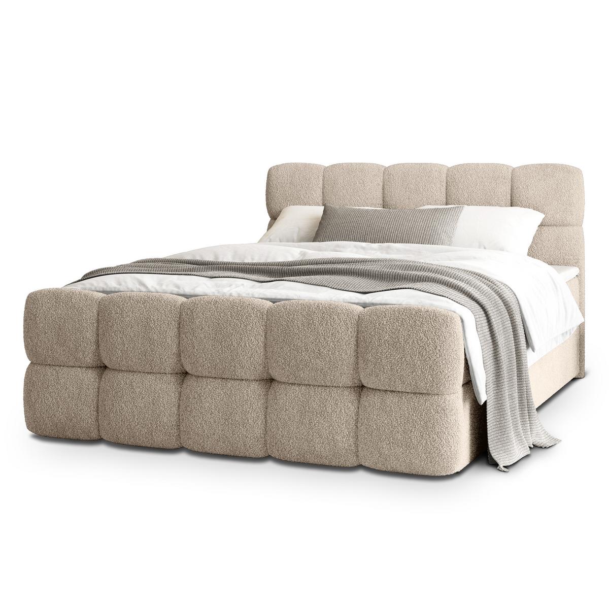 BOXBETT BRUME 160x200 cm mit Matratze und Topper, H2+H3 - Beige - Beige, Holz (160/200cm) - MASSENO