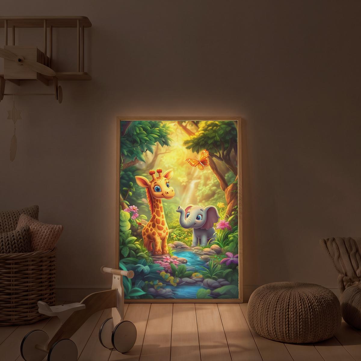 WANDLEUCHTE MIT AKKU Giraffe - Elefant - Blumen - Dschungel 70x100 cm - Grün, Holzwerkstoff (70/100/8cm) - OnlyWow