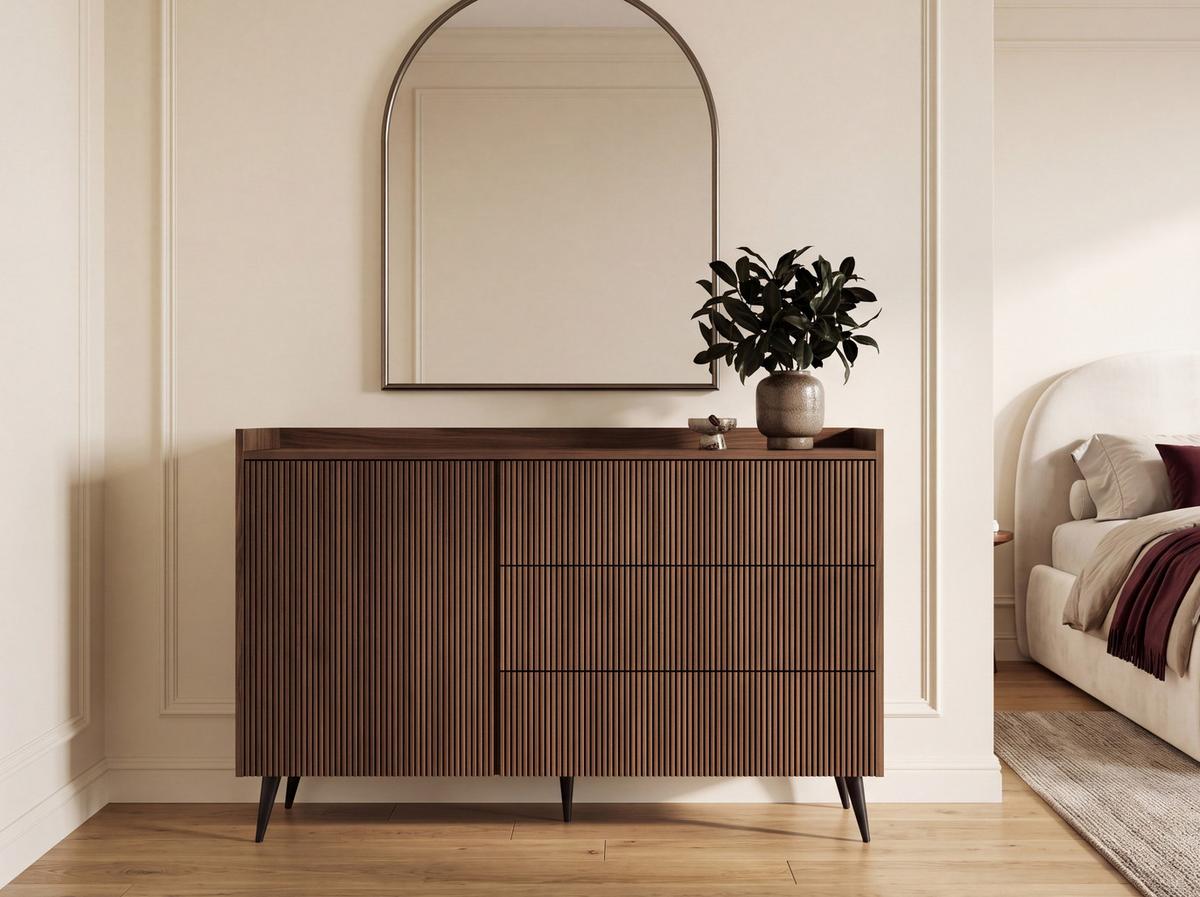 KOMMODE Arysa – Geriffelt, 3 Schubladen, Hohe Metallfüße – Walnuss 126/92/41 cm - Walnussfarben/Schwarz, Holzwerkstoff/Metall (126/92/41cm) - WFL GROUP