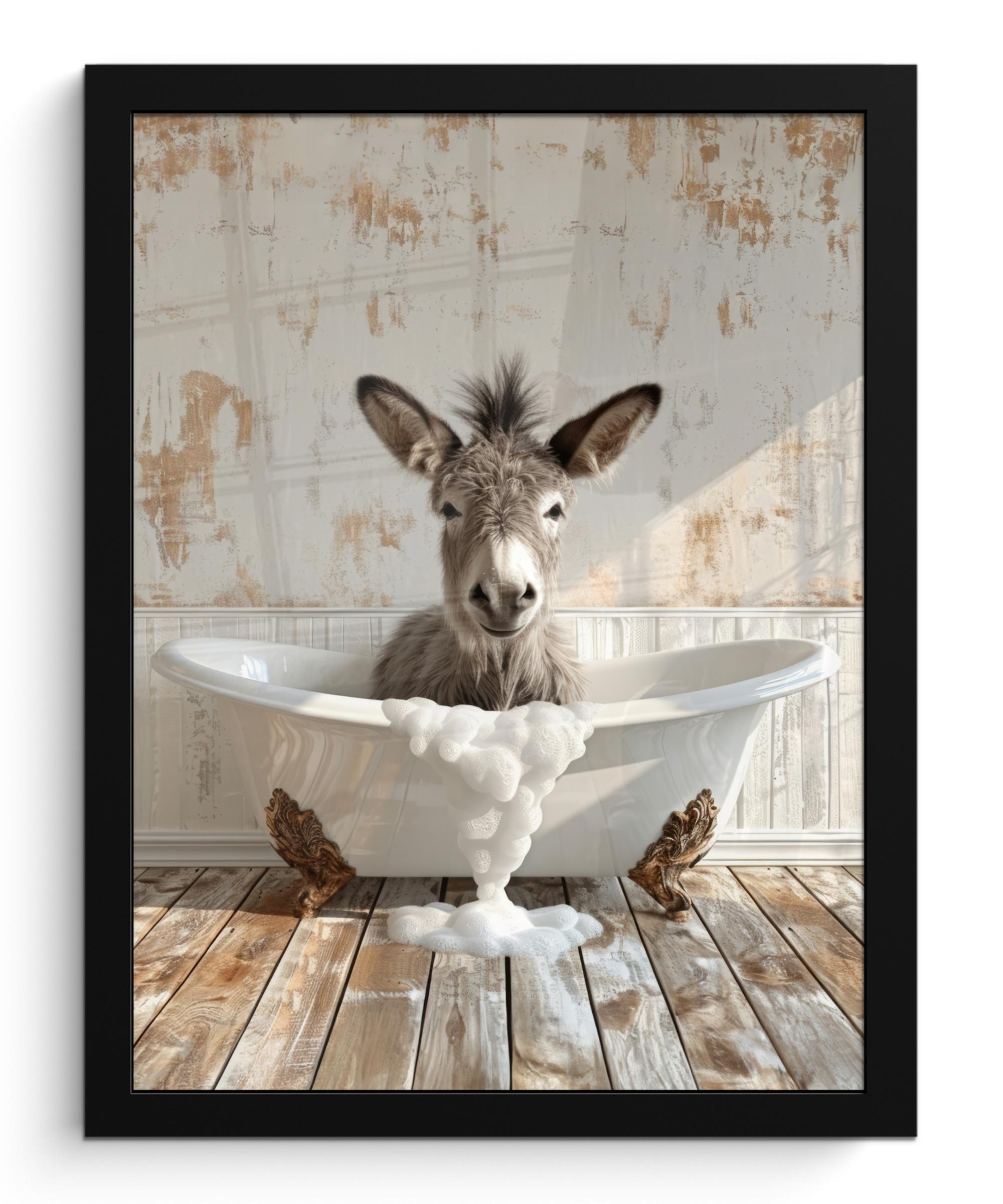 POSTER MIT RAHMEN Esel - Tiere - Badewanne - Schaumstoff Bilderrahmen 30x40 cm - Weiß, Papier (30/40cm) - MuchoWow