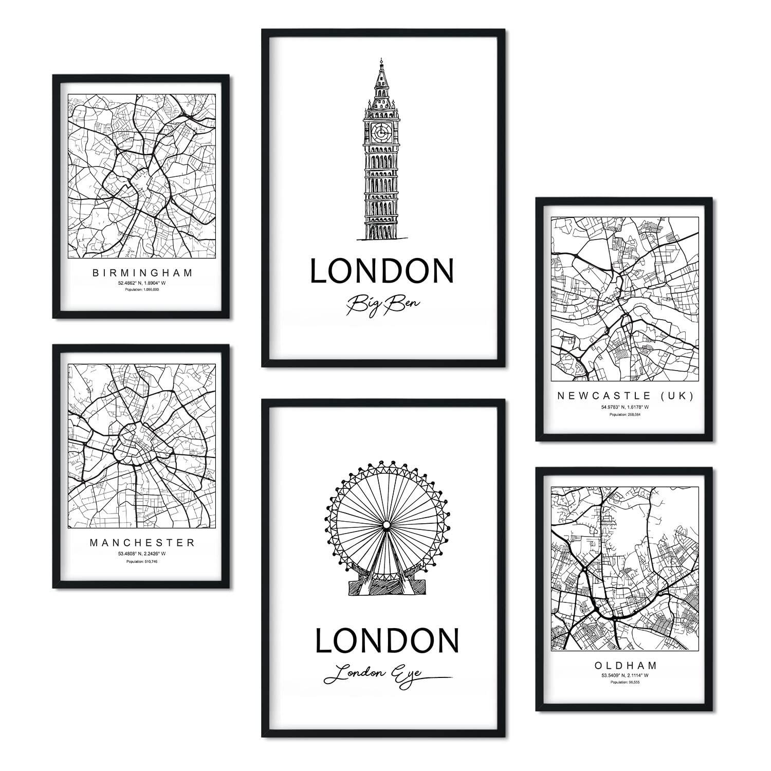 POSTER Set Mit 6 Drucke Von Uk 2 Von Karten In Schwarz Weiß A3 & A4 Schwarzer Rahmen - Schwarz, Papier (29/3cm) - Nacnic