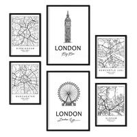 POSTER Set Mit 6 Drucke Von Uk 2 Von Karten In Schwarz Weiß A3 & A4 Schwarzer Rahmen - Schwarz, Papier (29/3cm) - Nacnic