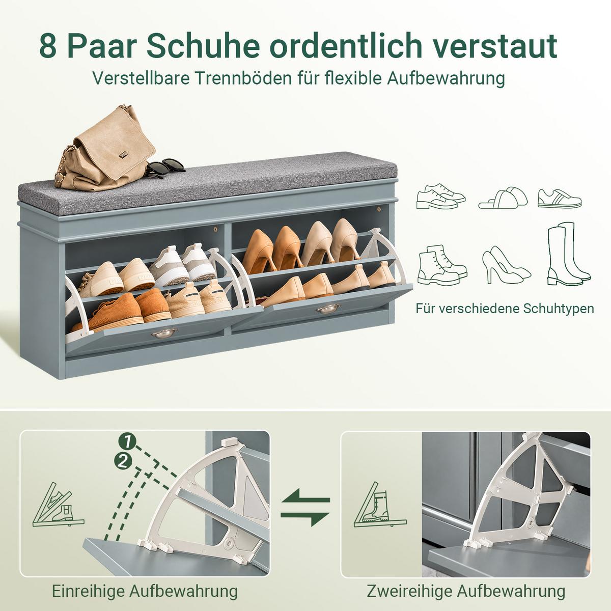 SCHUHBANK, Grau, 104 cm breit, gepolsterte Sitzfläche, 2 Klappen für 8 Paar, bis 150 kg, für Flur & Diele - Hellgrau, Holzwerkstoff (104/52/24cm) - SoBuy