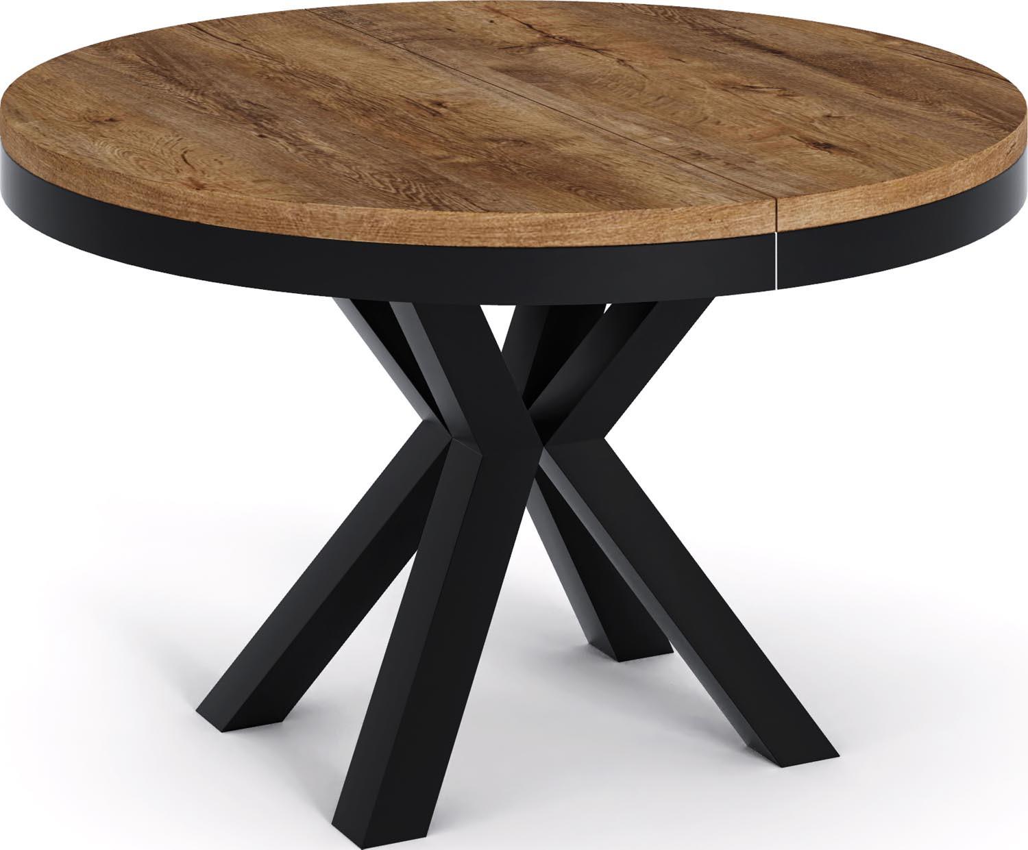 ESSTISCH Clara runder ausziehbarer, Lefkas Eiche 100-180/100/76 cm - Alteiche/Schwarz, Holzwerkstoff/Metall (100/180/76cm) - WFL GROUP