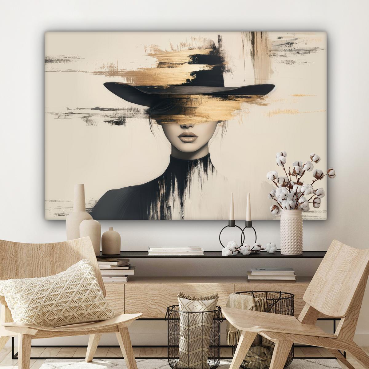 LEINWANDBILD Frau - Hut - Farbe Wohnzimmer Groß 120x80 cm - Goldfarben, Textil (120/80cm) - MuchoWow