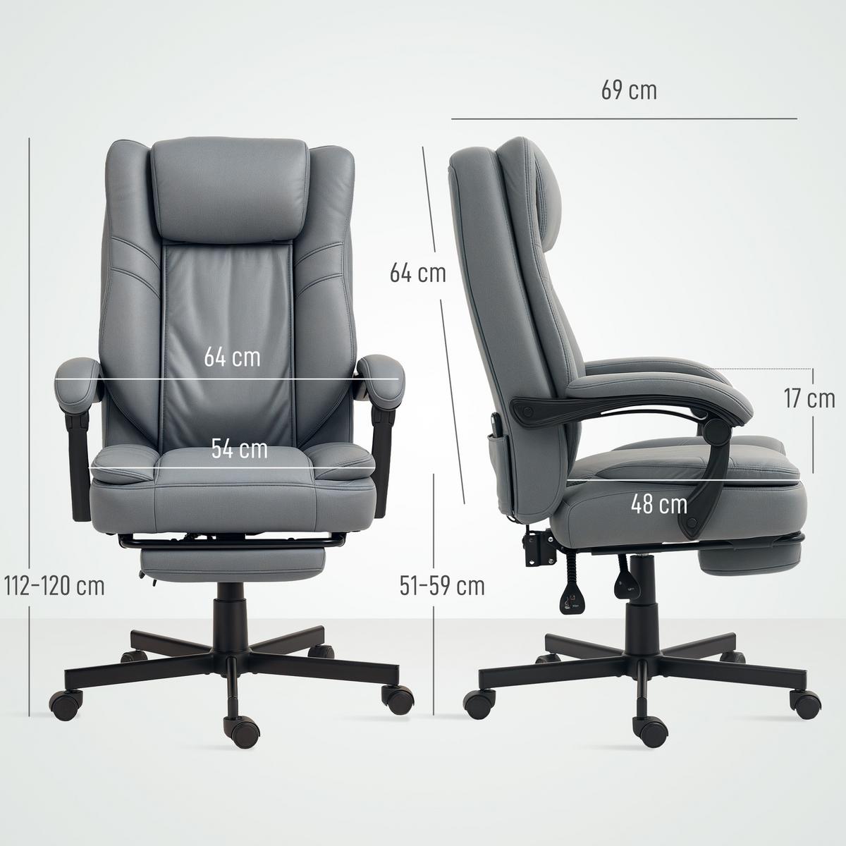 BÜROSTUHL mit Massagefunktion, Ergonomischer Schreibtischstuhl mit Liegefunktion - Grau, Kunststoff (64/120/69cm) - HOMCOM