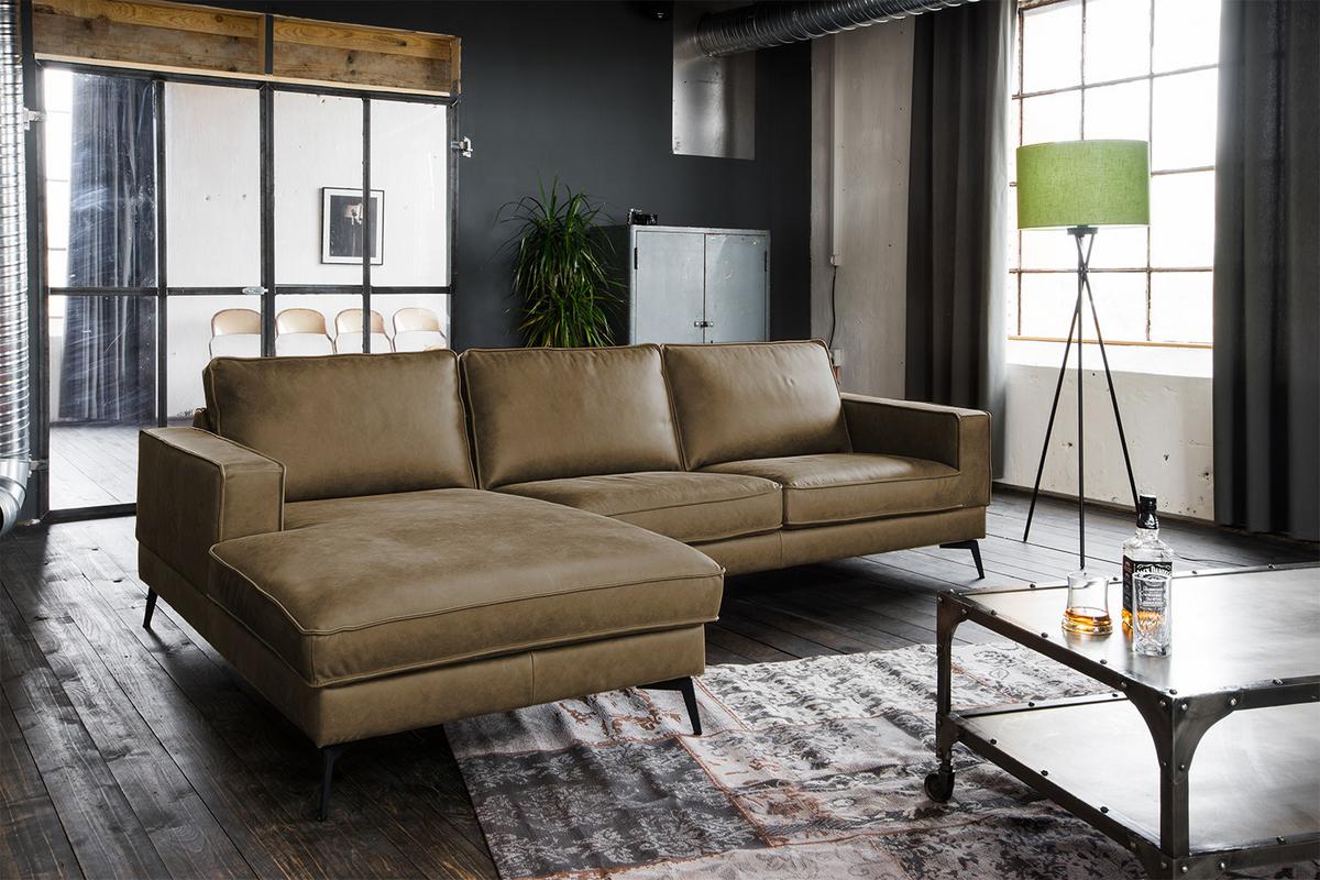 ECKSOFA BLOOM Beige Leder - Beige/Schwarz, Leder/Metall (276/177cm) - KAWOLA