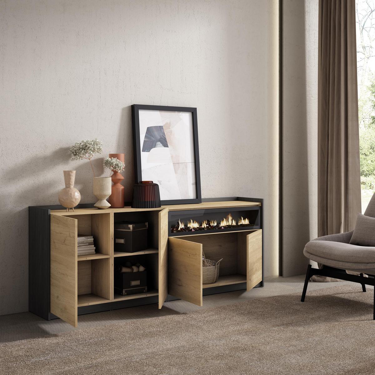 SIDEBOARD, Highboard, Eiche Schwarz, Elektrokamin, 207/37/80cm - Eichefarben, Holzwerkstoff (207/80/37cm) - Skraut Home