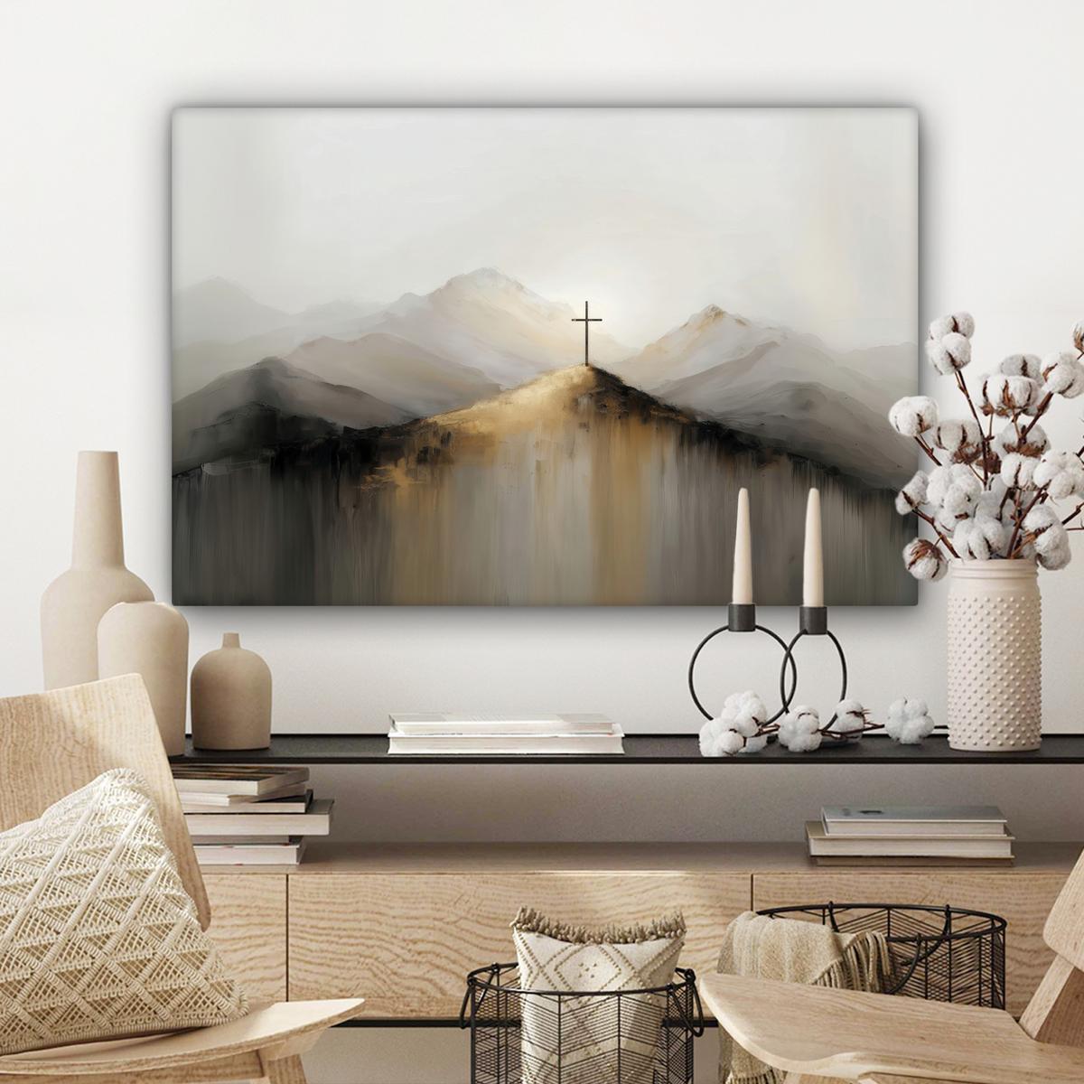 LEINWANDBILD Hügel - Abstrakt - Kreuz - Christentum Wanddeko 90x60 cm - Beige, Textil (90/60cm) - MuchoWow