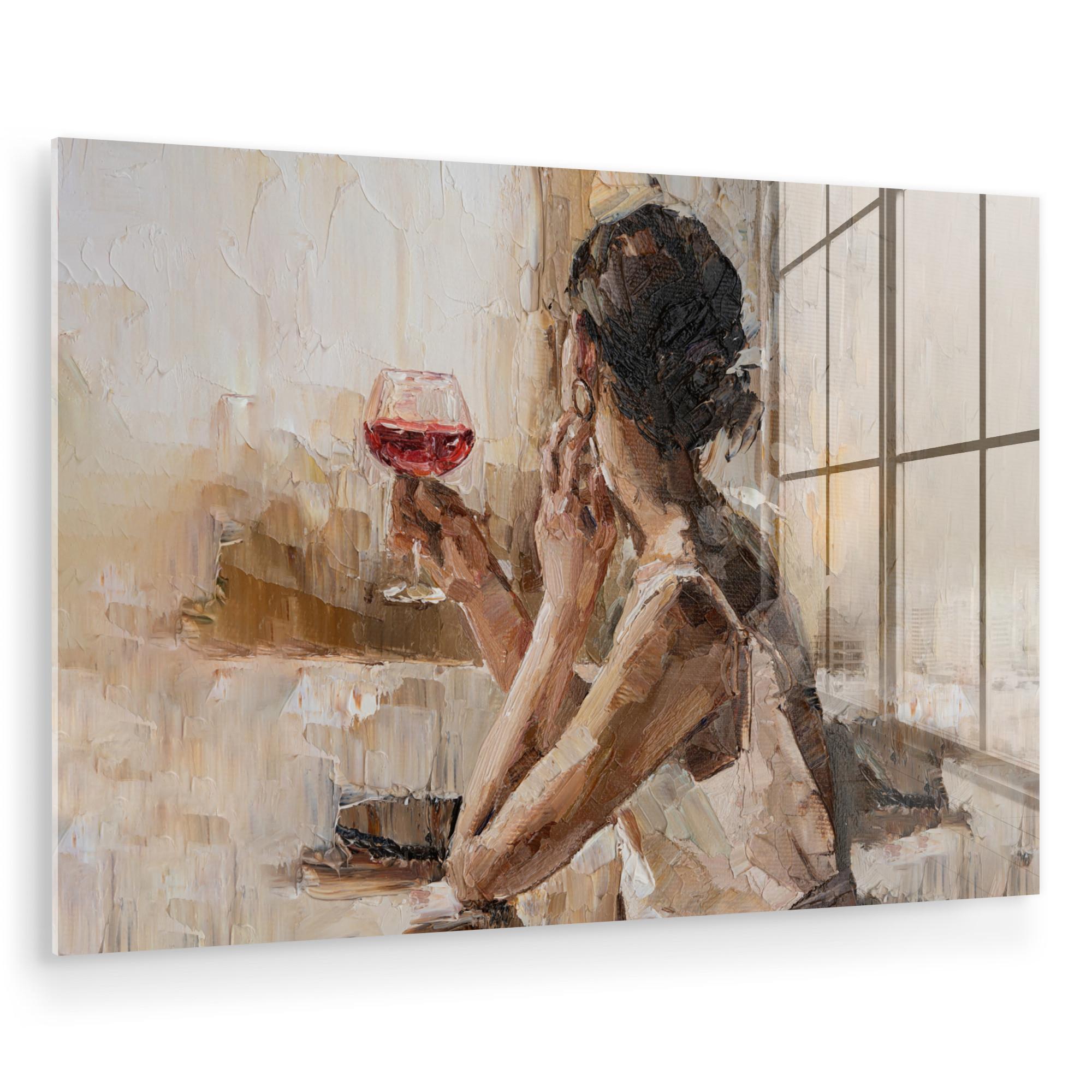 ACRYLGLASBILD Ölgemälde - Frau - Wein Wanddeko 60x40 cm - Hellbraun, Glas (60/40cm) - MuchoWow