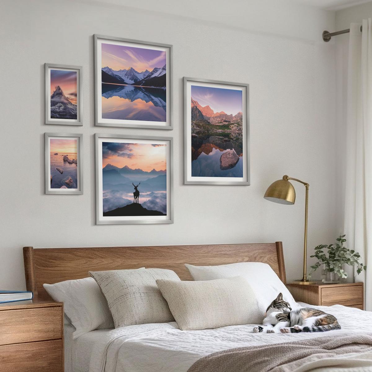 BILDER SET 5er Set - 50x50 cm & 20x30 cm & 40x60 cm Silberner Rahmen - Landschaften Berge Seen jelen - Silberfarben, Kunststoff (40/60cm) - TULUP