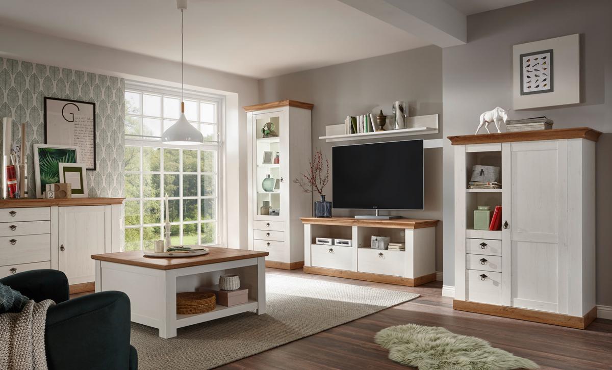 HIGHBOARD weiß Pinie, Eiche, Landhaus Kommode 100 x 140 cm - Silberfarben/Eiche Wotan, Holzwerkstoff/Metall (102/139/44cm) - Furn.Design