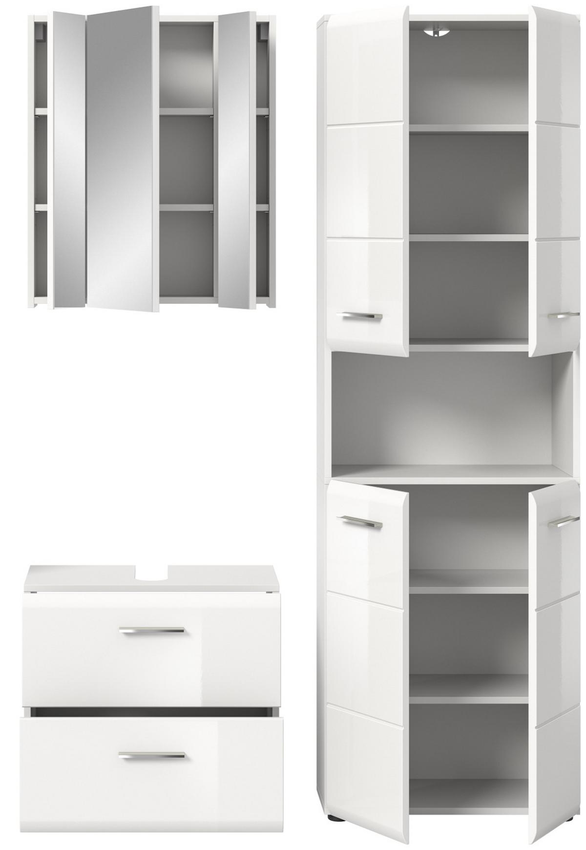 BADMÖBEL-SET 3-teilig weiß Hochglanz, Badkombination mit großem Badschrank - Weiß Hochglanz/Silberfarben, Glas/Holzwerkstoff (135/185/30cm) - Inn.Furn