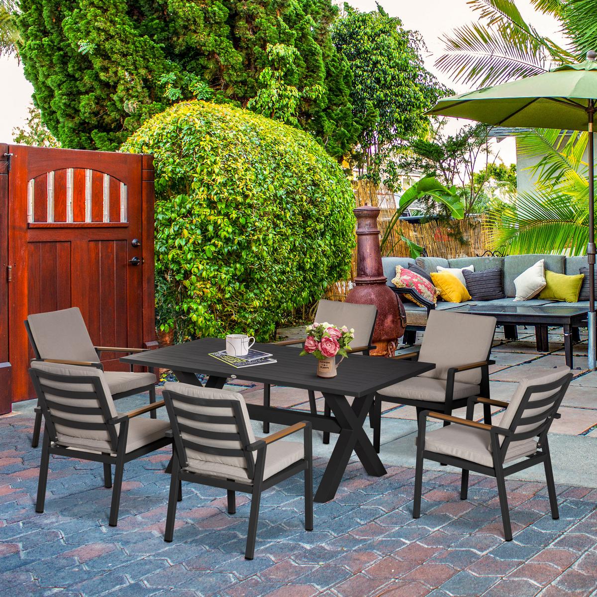 GARTENMÖBEL-SET Sitzgruppe 1 Tisch+6 Stühle mit Auflagen Wetterfest Alu Schwarz+Grau - Grau, Metall - Outsunny