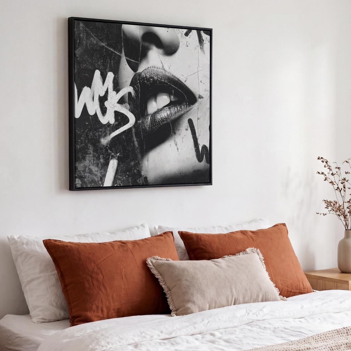 LEINWAND Bilder mit Rahmen - Gesicht - Mund - Graffiti - Schwarz - 50x50 - Schwarz, Textil (50/50cm) - MuchoWow