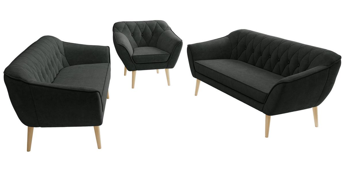 SITZGARNITUR PIRS 3+3+1 - Dunkelgrau Strukture - Holzbeine - Dunkelgrau/Buchefarben, Holzwerkstoff/Textil (180/75/74cm) - MKS