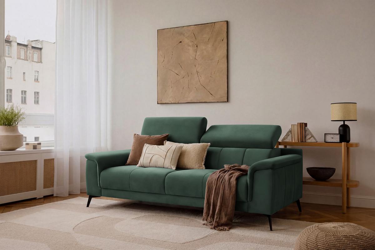 SOFA FIERO 3-Sitzer, Grüner Veloursstoff - Schwarz/Grün, Holz/Textil (212/82/103cm) - Courtois Laville